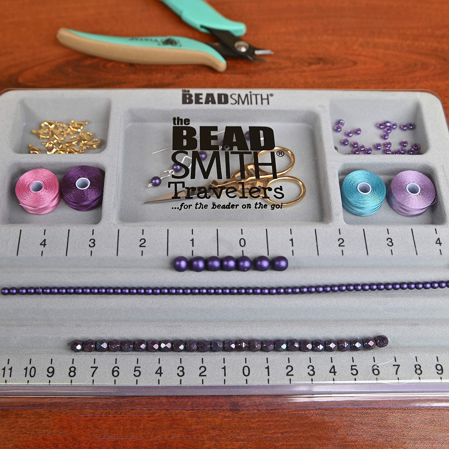 Mini Bead Board, Grey Flocked, 4 Straight Channels, 5 Recessed Compartments, 7.75 x 11.25 inches, design boards for creating bracelets, necklaces and other jewelry