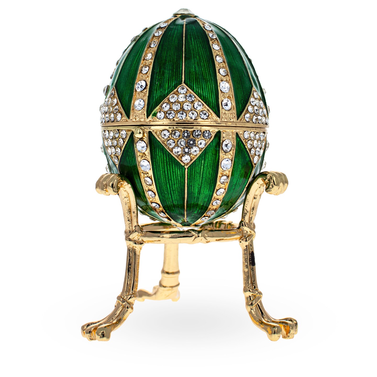 Crystal Rhombus on Green Enamel Royal Inspired Imperial Egg 3.15 Inches