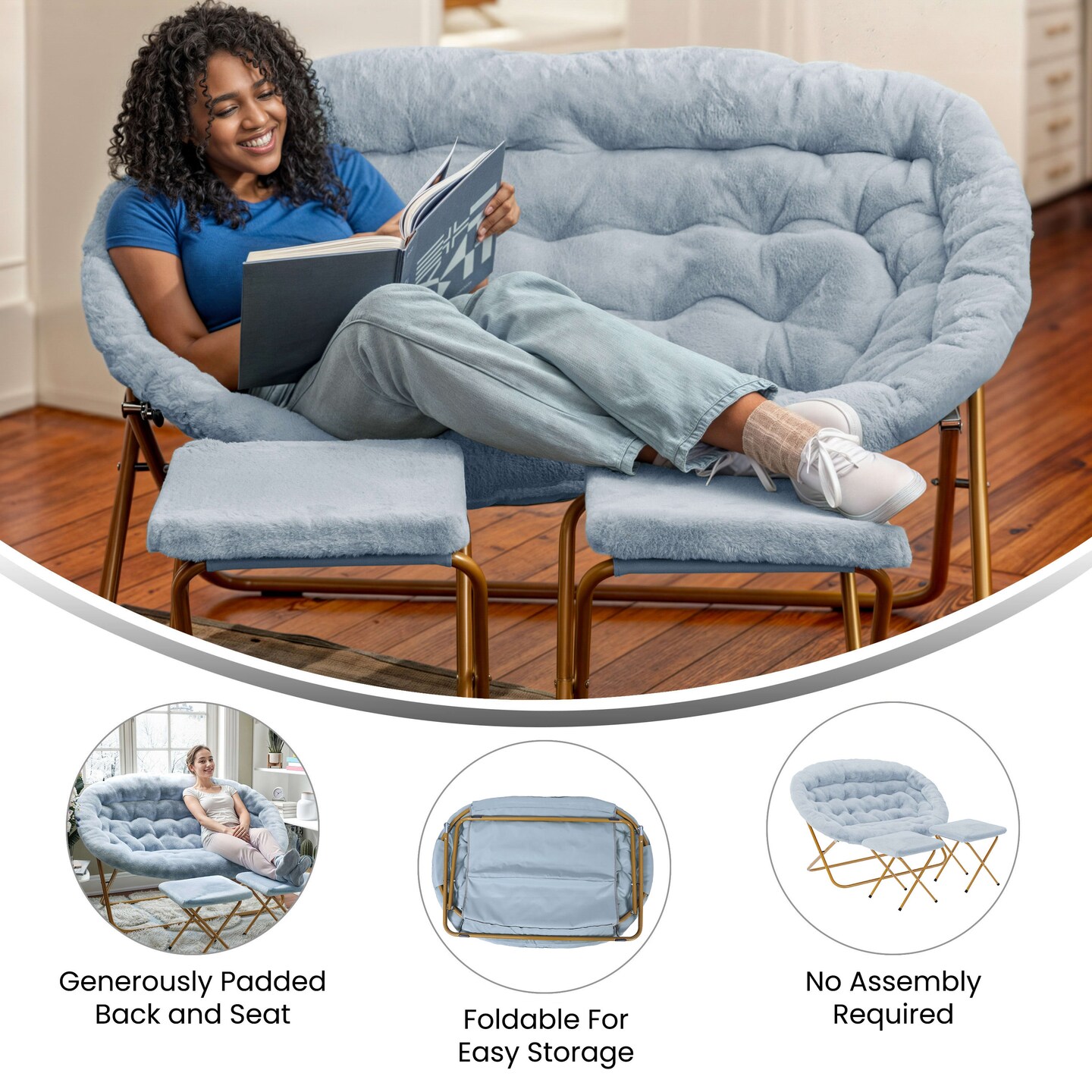 Emma and Oliver Janey Folding Double Saucer Chair with 2 Ottomans and Steel Frame for Dorm or Bedroom