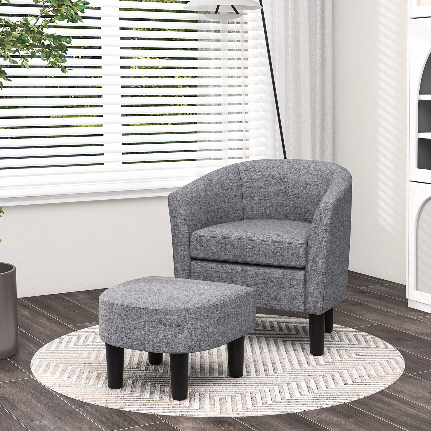 Barrel Club Chair With Ottoman Set Linen Fabric Accent Chair With Footrest-gray