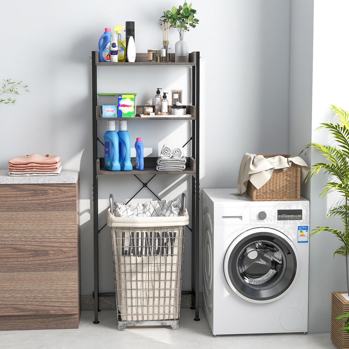 Over The Toilet Storage Rack With Hooks And Adjustable Bottom Bar