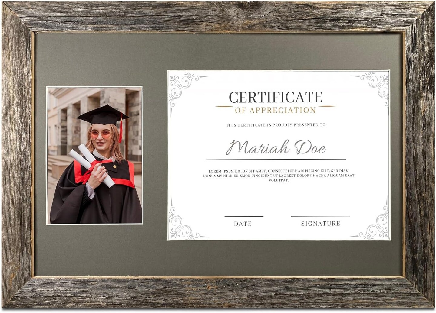 Rustic Farmhouse 12 x 18 Graduation Diploma Frame with Mat, fitted for 5 x 7 Cap &#x26; Grown Photo and 8.5 x 11 Diploma Certificate Display