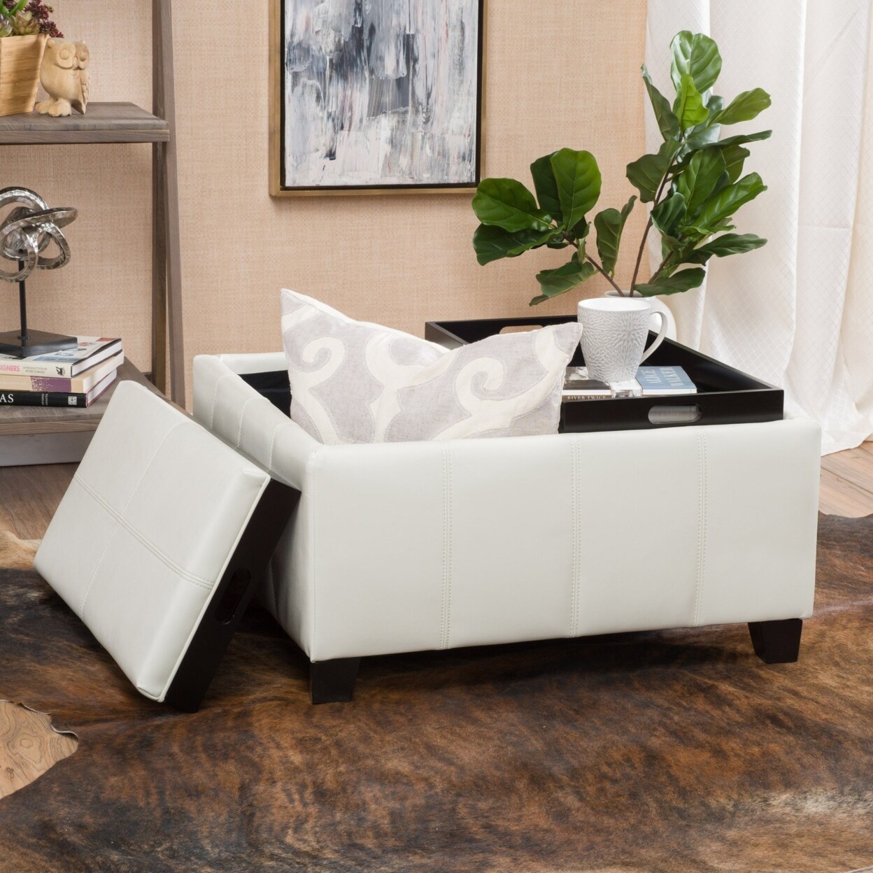 GDF Studio Justin 2-Tray-Top Ivory Leather Ottoman Coffee Table with Storage