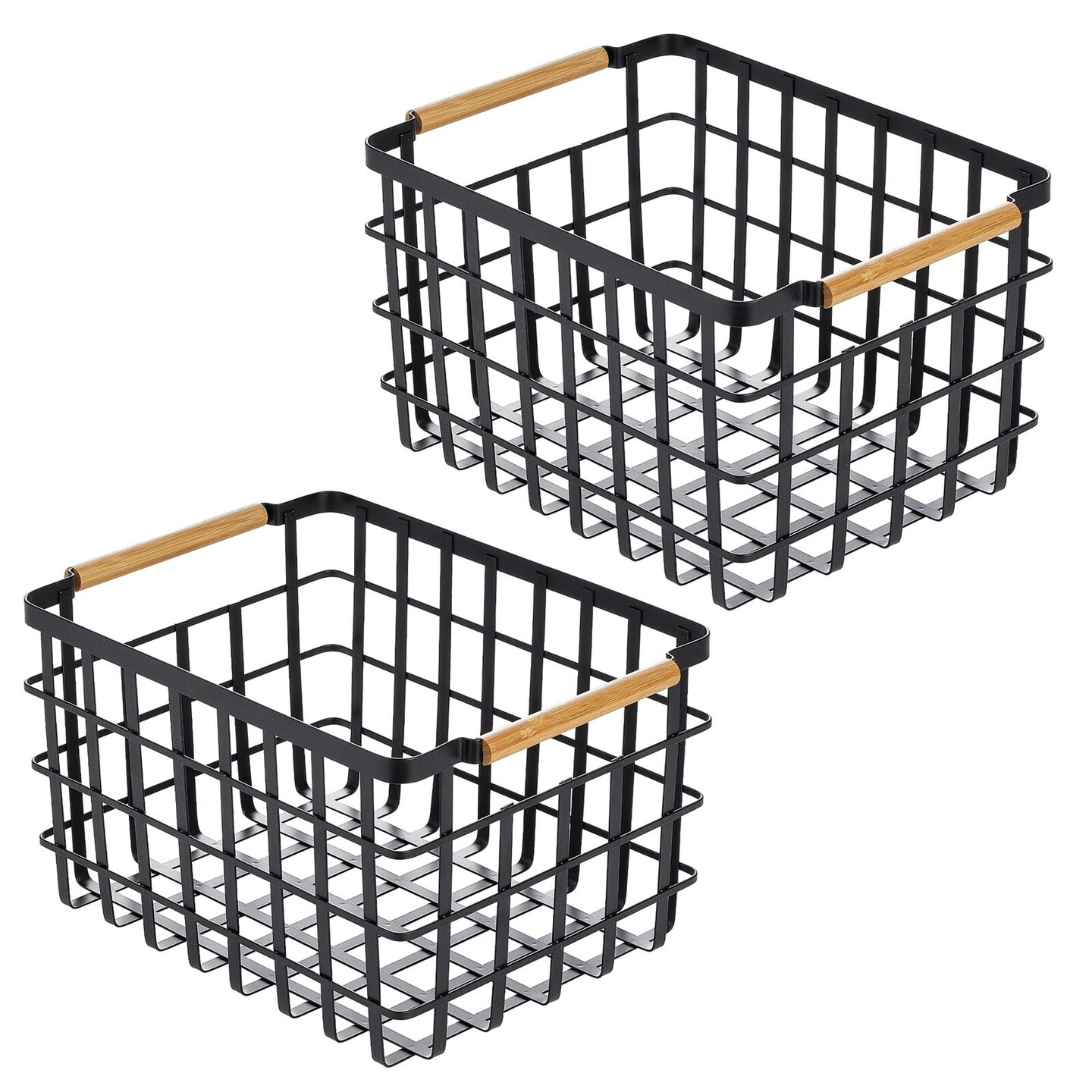 mDesign Metal Closet Organizer Basket, Wood Handles, 2 Pack, Matte Black/Natural