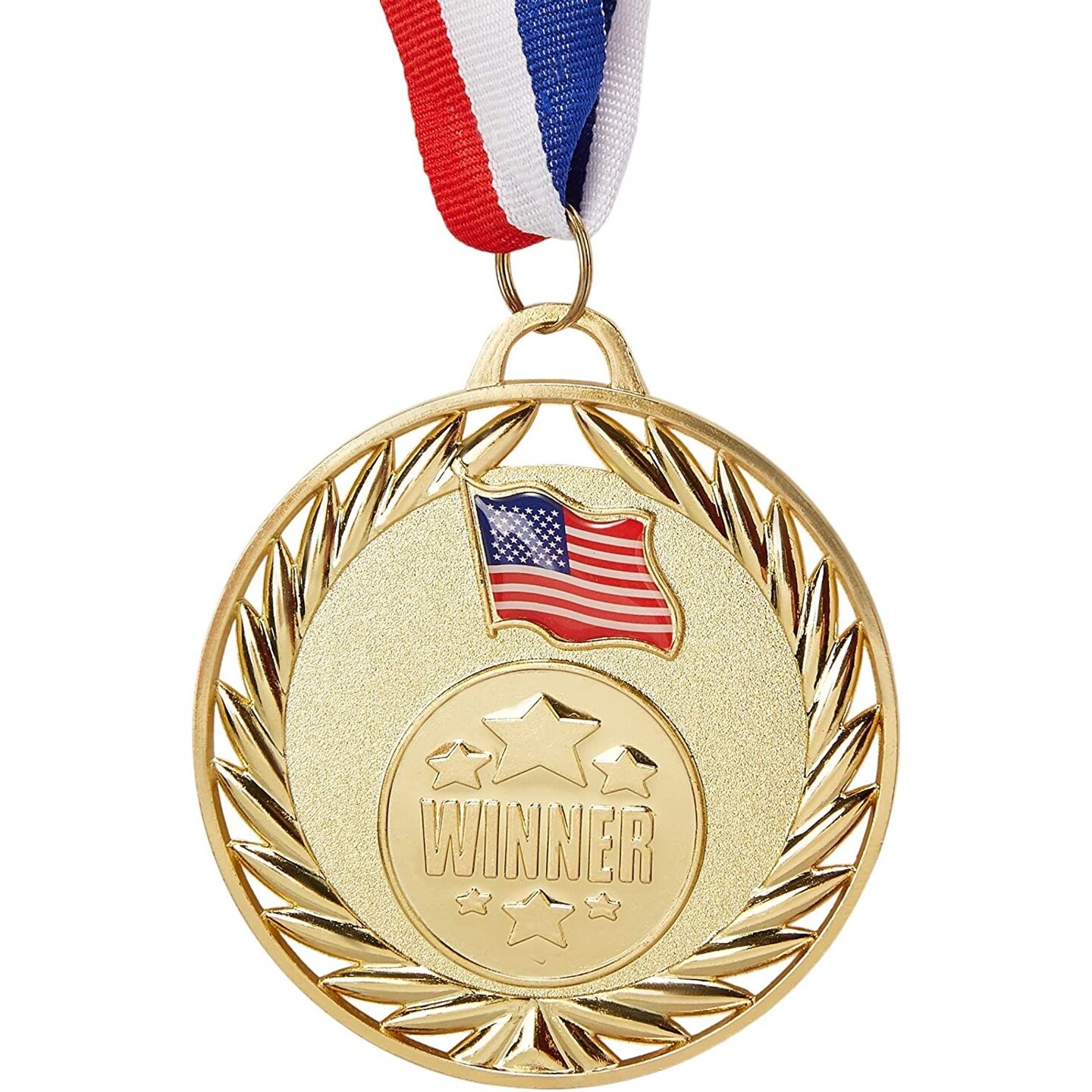 6 Pack Gold Winner Medals with American Flag and Ribbon for Sports Competitions and Tournaments, 2.7 Inch Medal with 15 Inch Ribbon