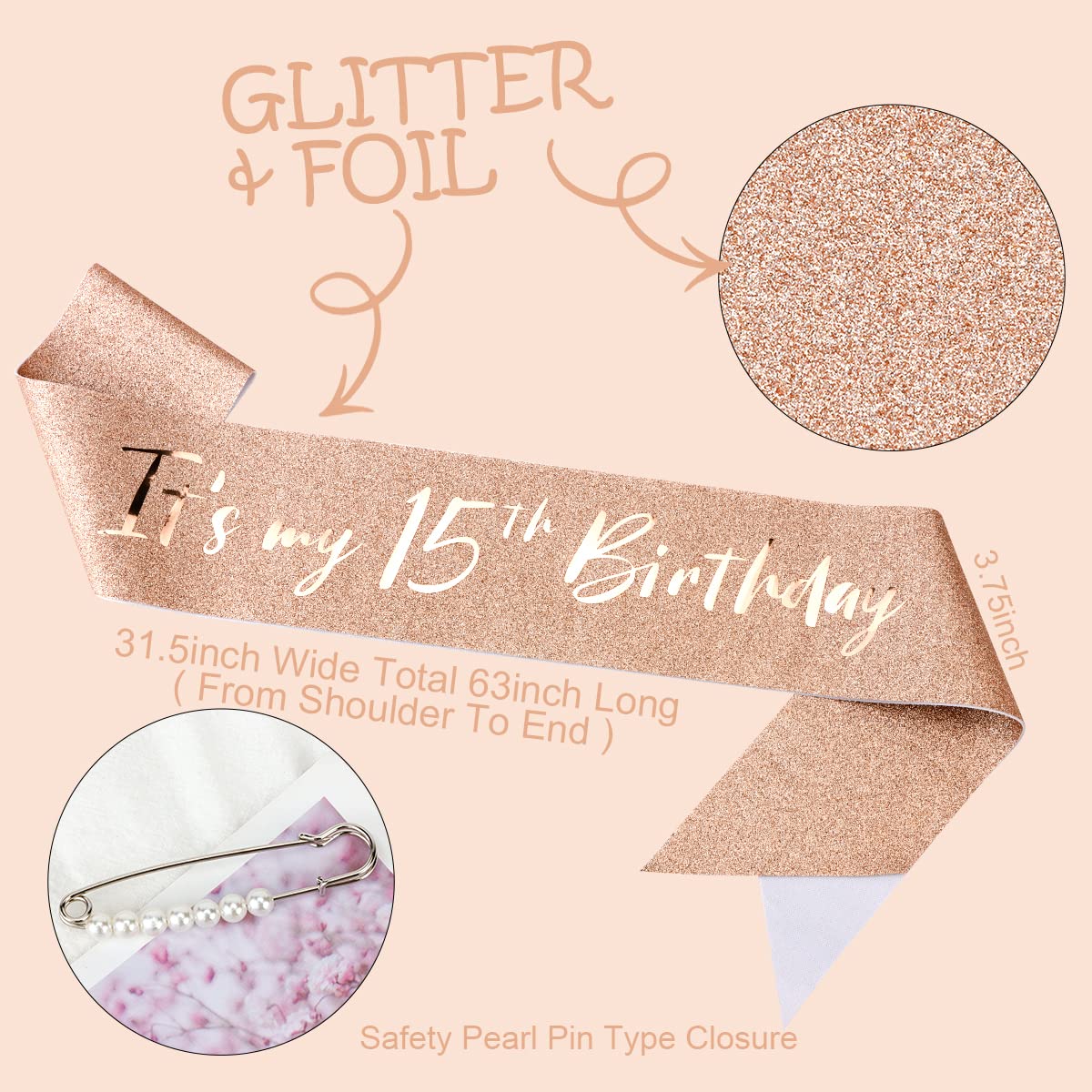 15 Birthday Decorations for Girls, Rose Gold Birthday Sash and Tiara for Girls, It's My 15th Birthday Decorations for Girls, Quinceanera Crown Fabulous Birthday Party Favor Supplies for Girls