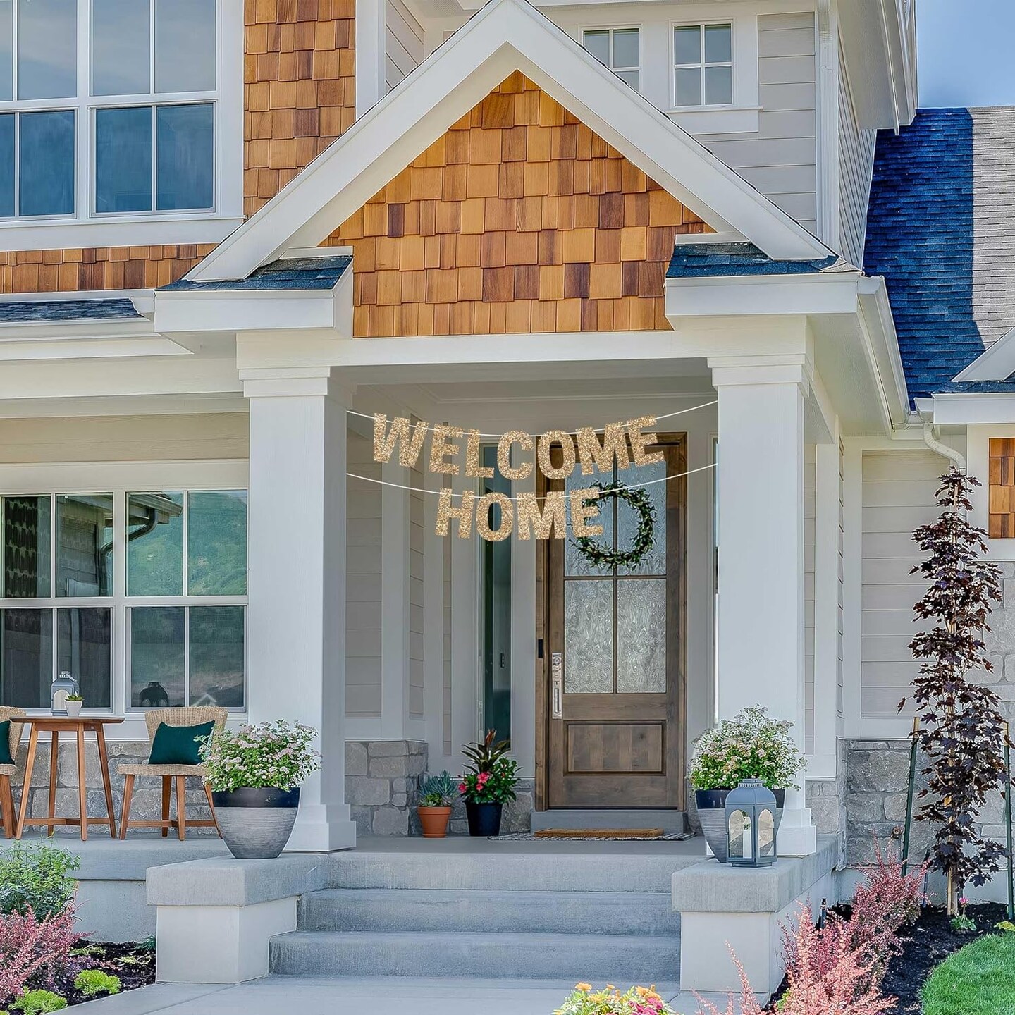 Pre-Strung Welcome Home Banner - NO DIY - Gold Glitter Welcome Home Banner - Pre-Strung on 8 ft Strand - Housewarming, Homecoming, &#x26; Military Return Party Decorations &#x26; Decor.
