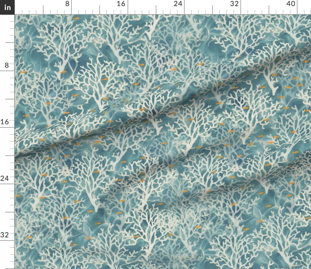Coral Orange Fish Caribbean Ocean Reef Beach Coastal Room Blue Cream Custom Printed Fabric by Spoonflower Various Fabrics by the Yard or Fat Quarter