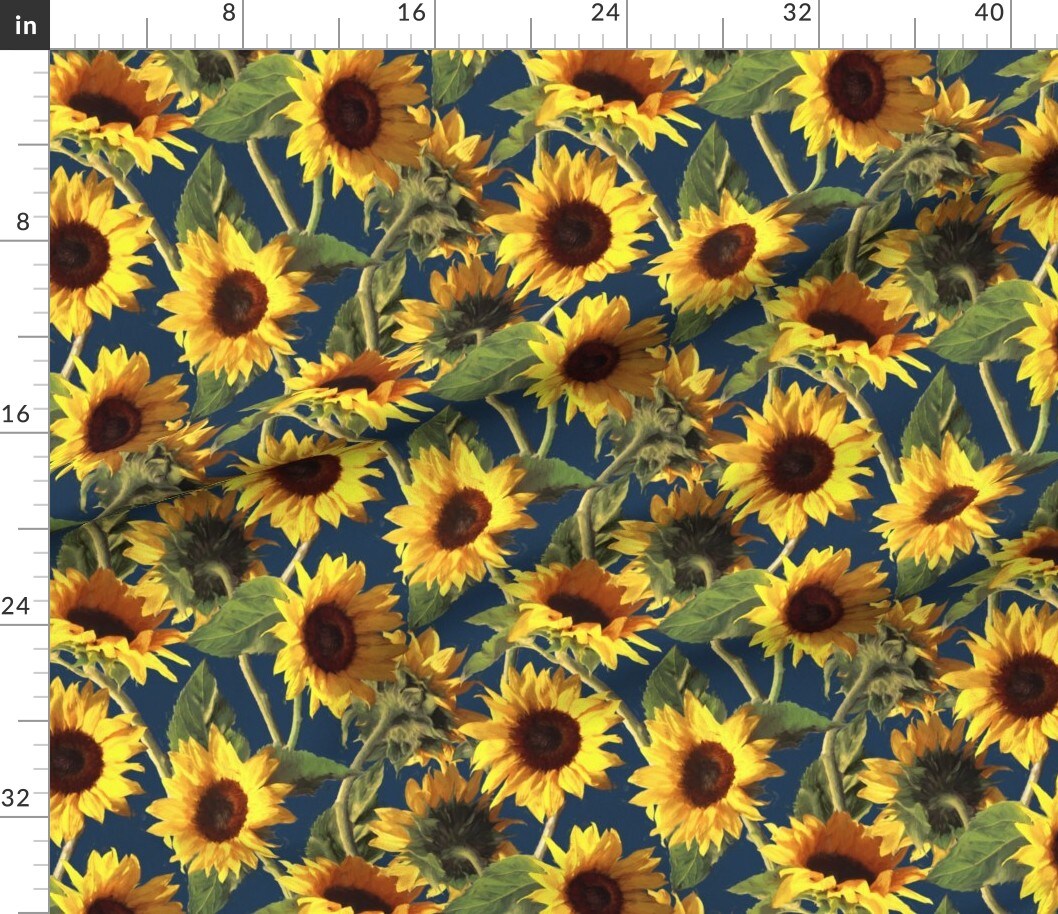 Sunflower, Summer, Floral, Boho, Bohemian, Sunshine, Yellow, Dark Blue, Painting, Botanical, Impressionist Custom Printed Fabric by Spoonflower Various Fabrics by the Yard or Fat Quarter