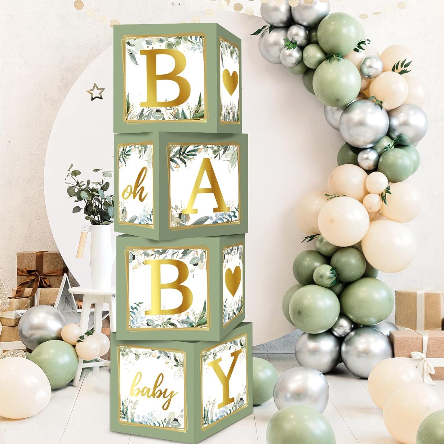 Sage Green Baby Boxes with Letters for Baby Shower, 4pcs Safari Baby Shower Decorations for Boy Girl Balloon Boxes Gender Reveal Baby Shower Birthday Party Favors