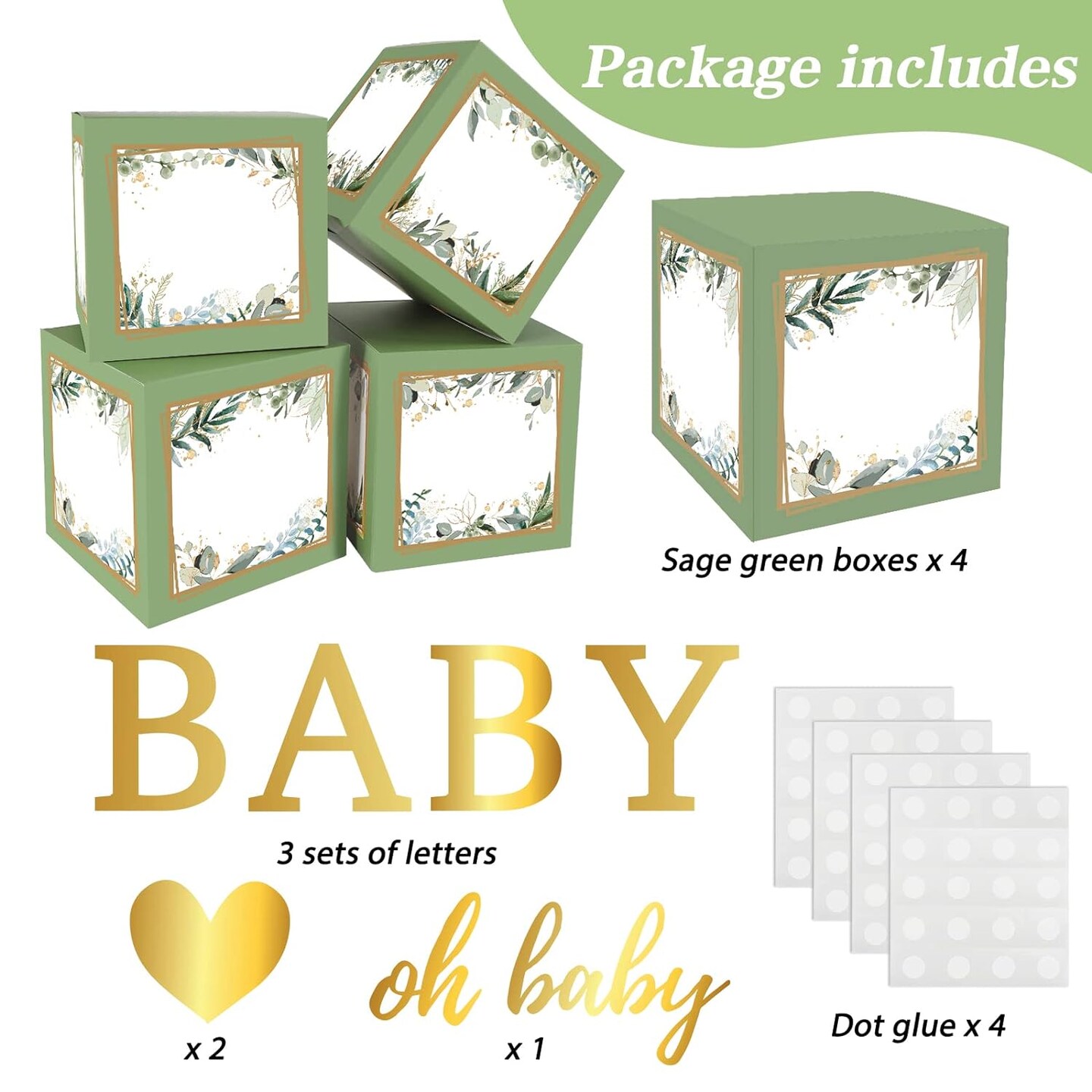 Sage Green Baby Boxes with Letters for Baby Shower, 4pcs Safari Baby Shower Decorations for Boy Girl Balloon Boxes Gender Reveal Baby Shower Birthday Party Favors