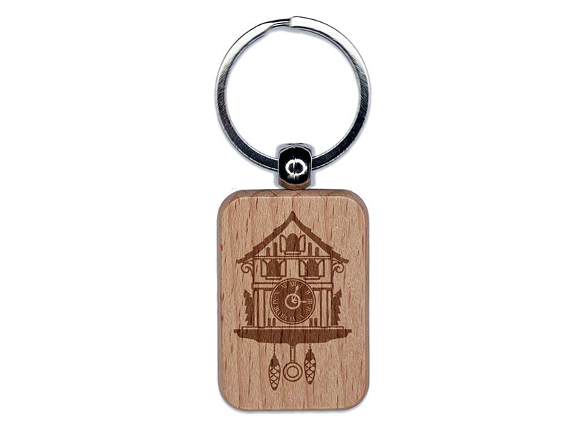 Cuckoo Clock German Black Forest House Engraved Wood Rectangle Keychain Tag Charm
