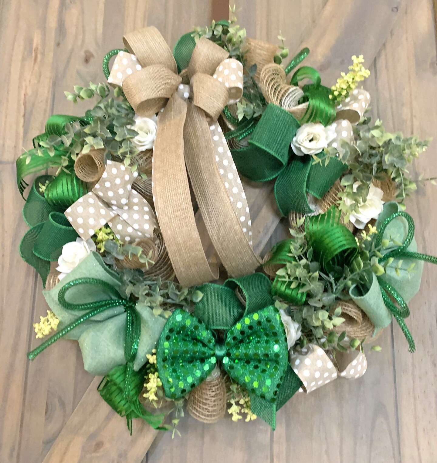 St. Patrick’s Day ‘All Clovers and Flowers’ burlap authentic wreath