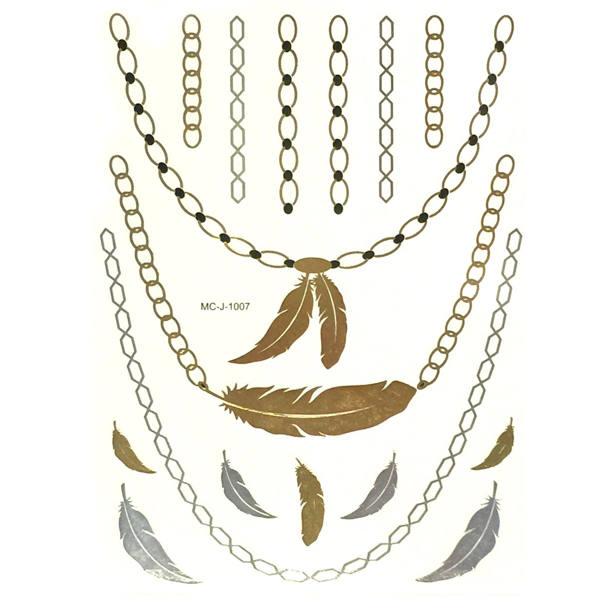 Wrapables Celebrity Inspired Temporary Tattoos in Metallic Gold Silver and Black, Feathers and Chains, Large