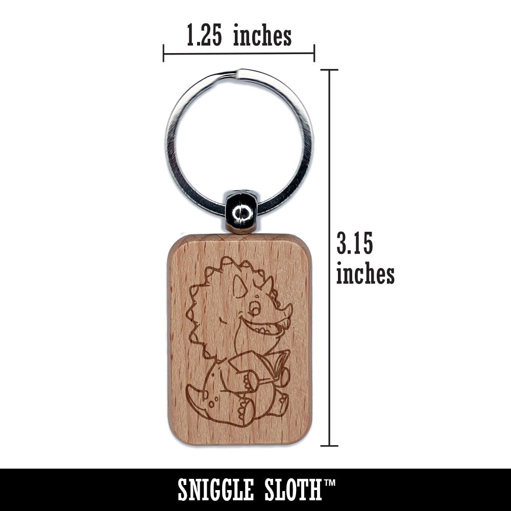 Baby Triceratops Reading Book Dinosaur Engraved Wood Rectangle Keychain Tag Charm