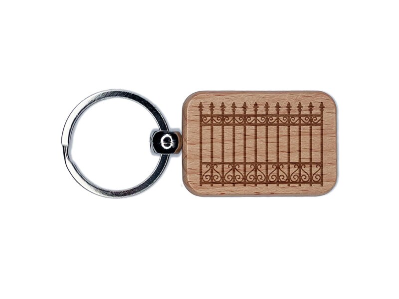 Fancy Wrought Iron Gate Fence Engraved Wood Rectangle Keychain Tag Charm