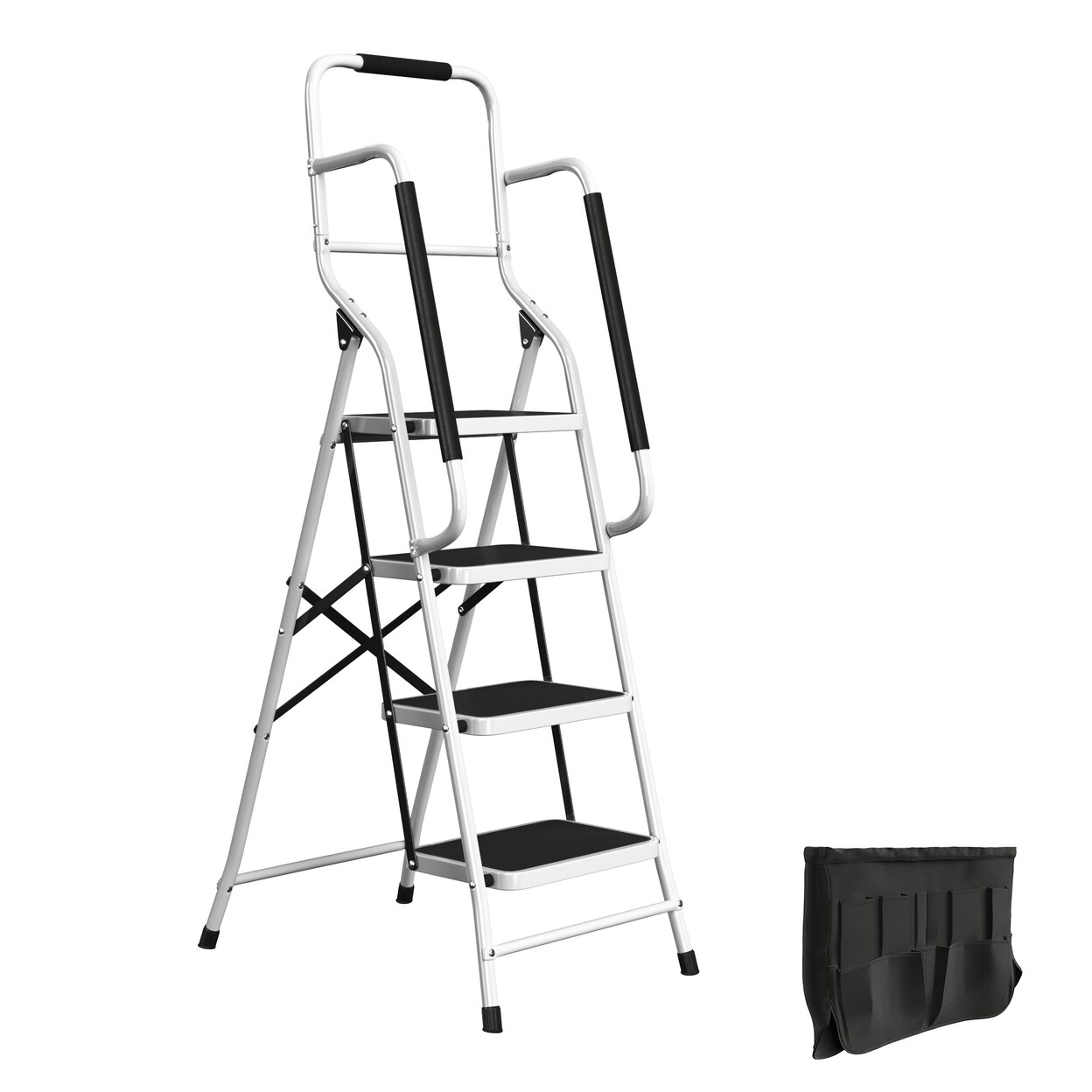 4 Step Ladder Dolly Folding Cart Utility Step Stool White Steel 330Lbs Capacity