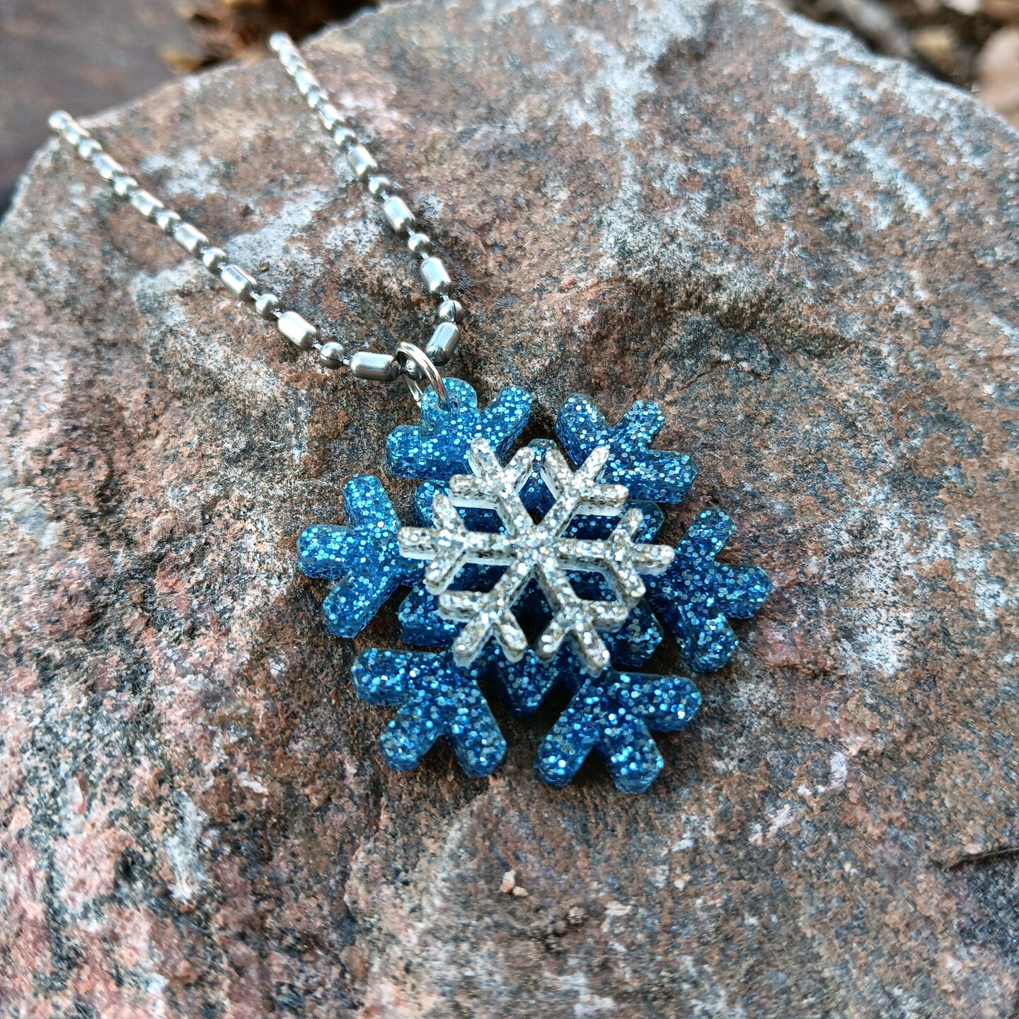 Big Blue and Silver Glitter Snowflake Pendant Long Ball Chain Necklace  MakerPlace by Michaels