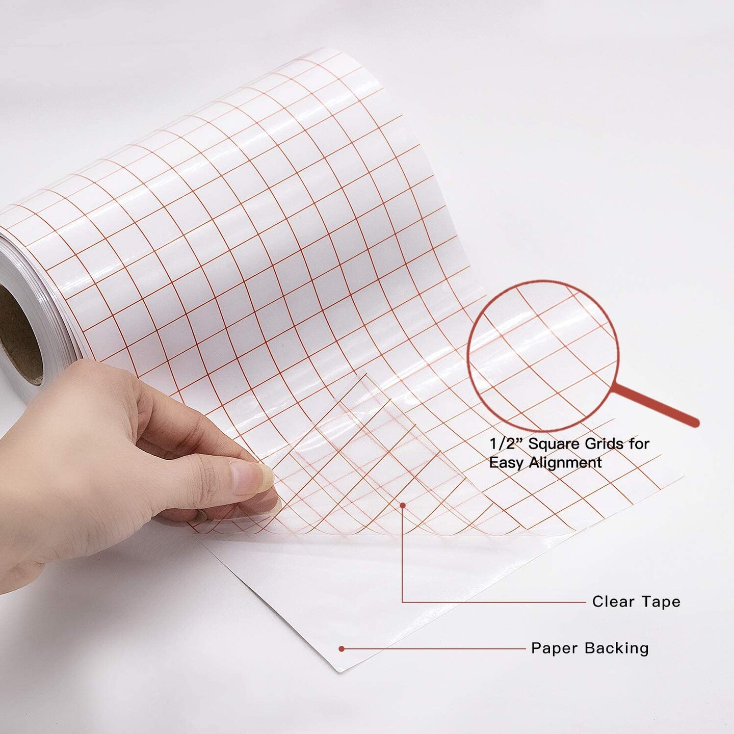 Clear Vinyl Transfer Paper Tape Roll 6&#x22; x 50 Feet Clear w/Red Alignment Grid - Application Transfer Tape Perfect for Self Adhesive Vinyl for Signs Stickers Decals Walls Doors &#x26; Windows