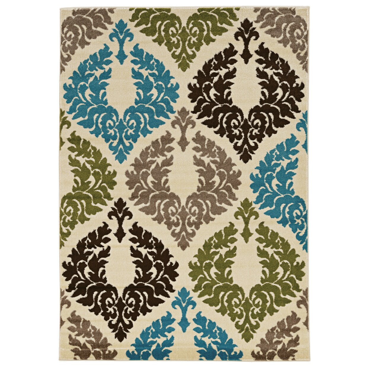 Claremont Damask Ivory Turquoise Area Rug 8X10 Polypropylene Transitional Design