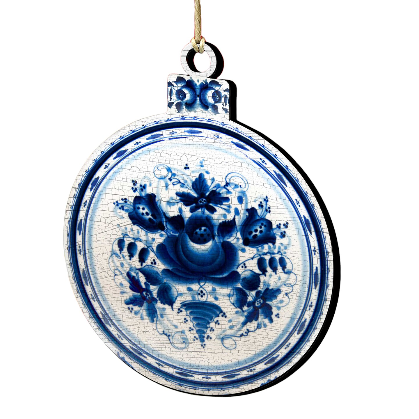 Designocracy Set of 2 Blue Flowers Round Wooden Christmas Ornaments 5.5&#x22;