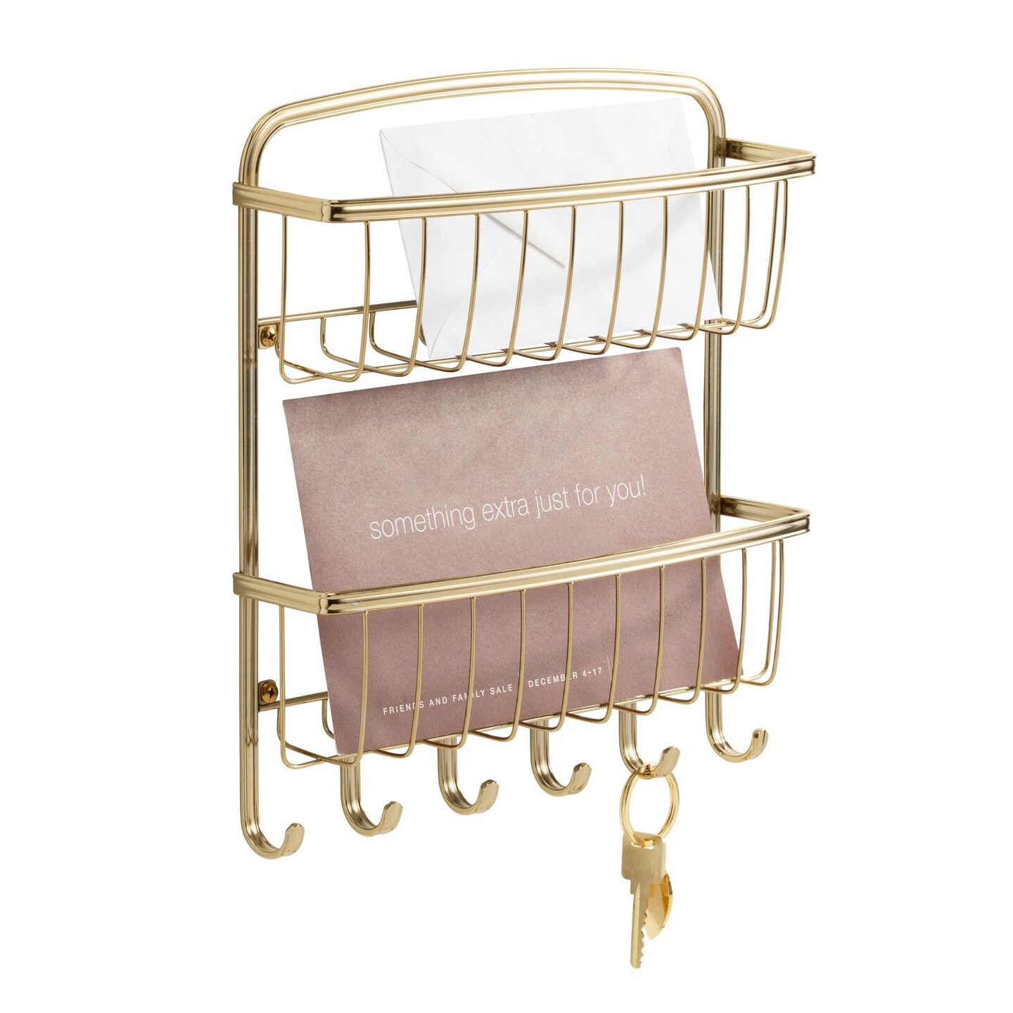 mDesign Wall Mount 2 Tier Metal Mail Organizer Storage Basket, 6 Hooks