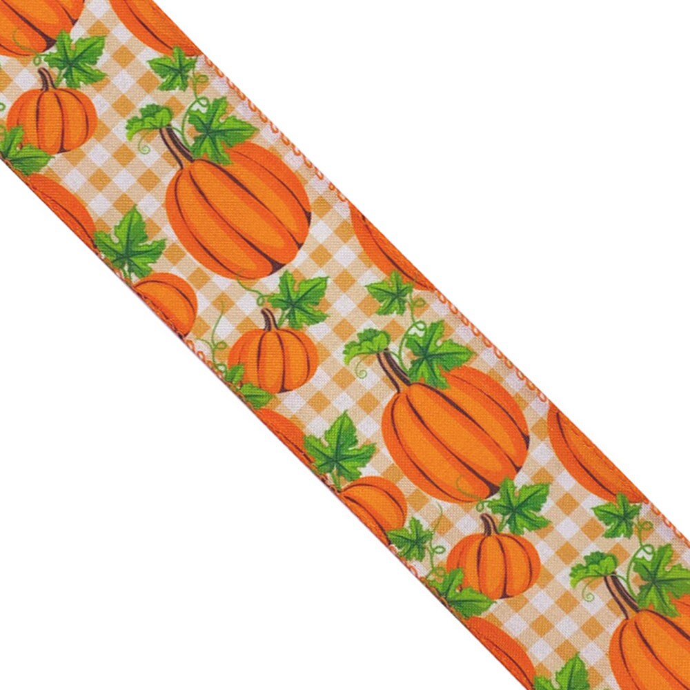 WR 63-5094 2.5&#x201D; x 10 yard Autumn Festival Pumpkins on plaid wired edge ribbons