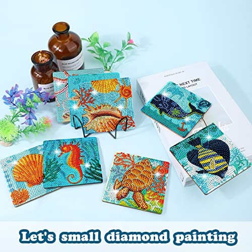 BSRESIN 8 Pcs Ocean Diamond Painting Coasters with Holder, Square Diamond Art Coasters Small Diamond Painting Kits, DIY Crafts for Adults