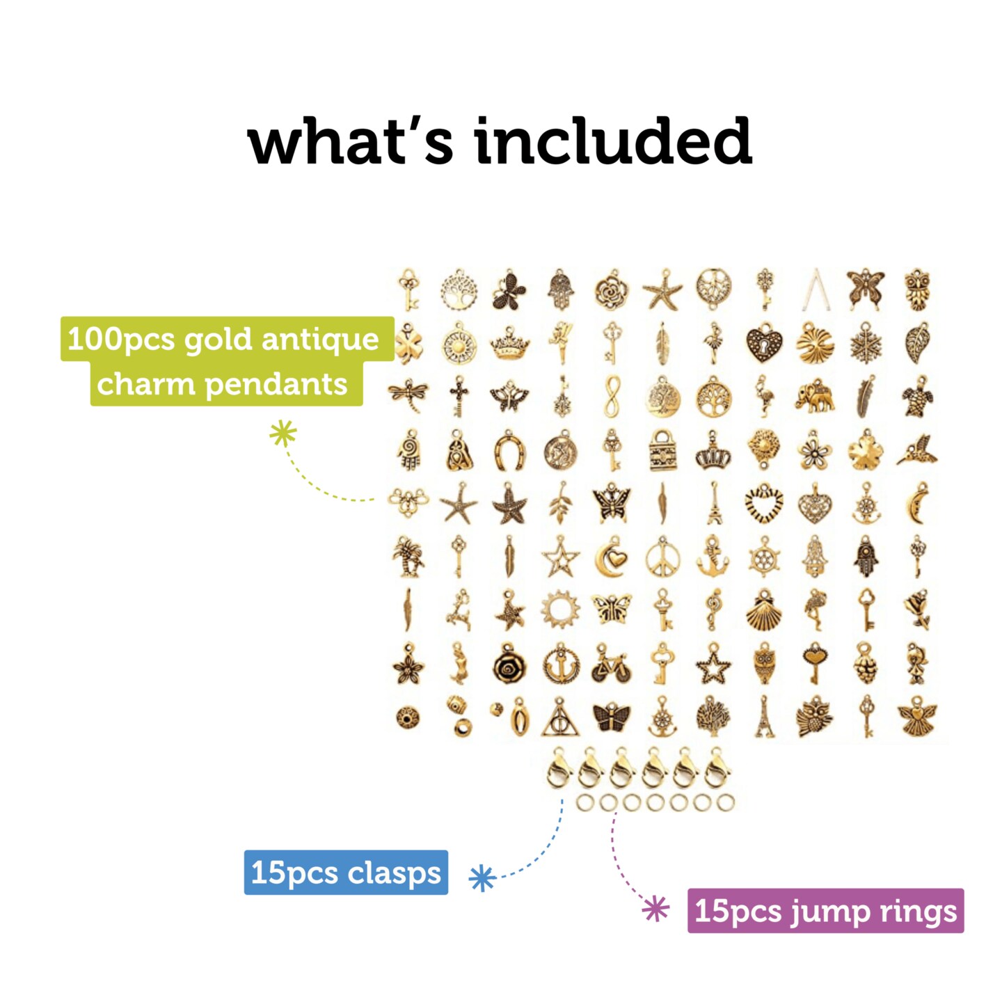 Incraftables 100pcs Gold Charms for Jewelry Making with 15pcs Clasps & Rings. Best Antique Metal Designer Charm for DIY Bracelets & Necklaces. Bulk Assorted Charms for Bracelet & Crafting Supplies