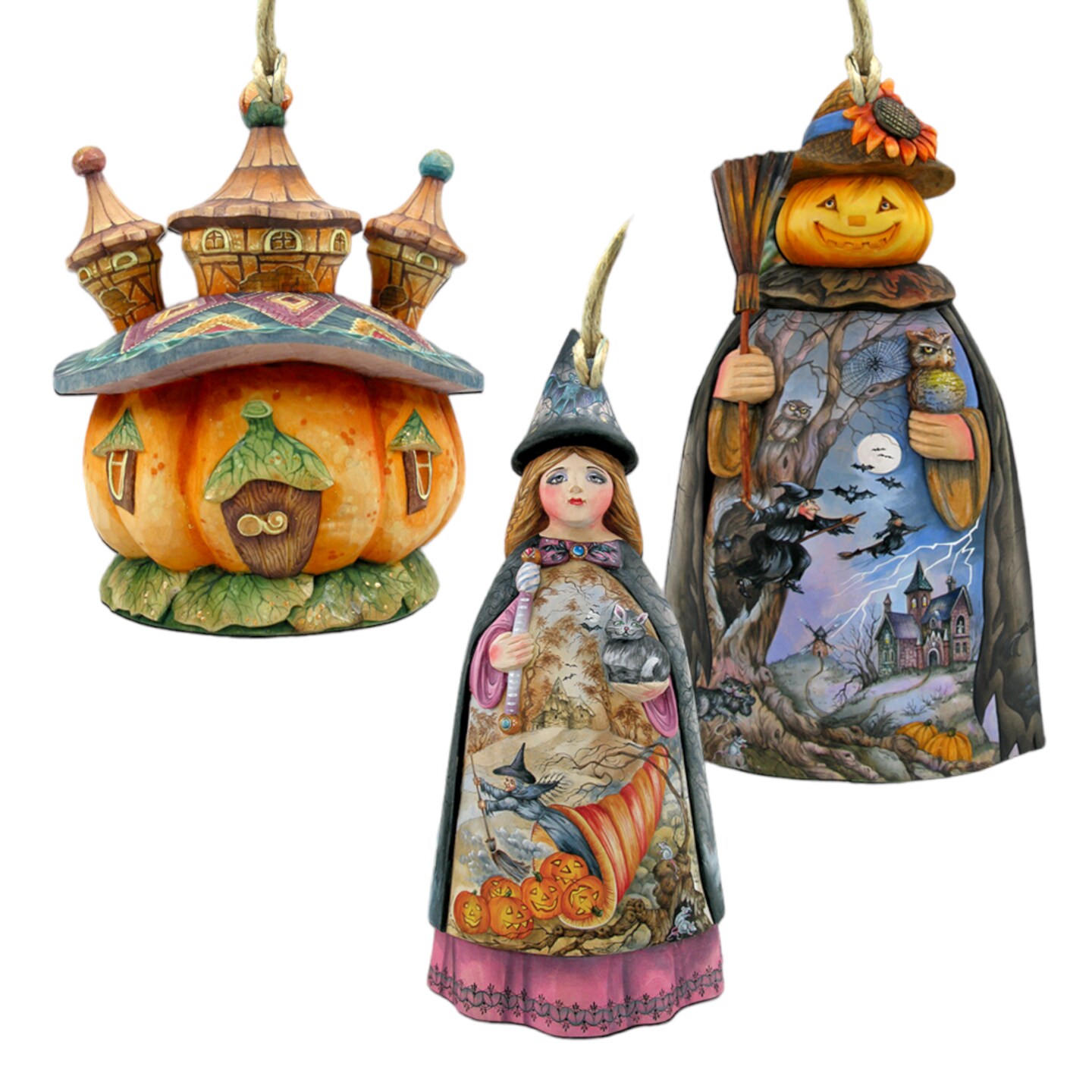 Designocracy Set of 3 Witch, Pumpkin and Castle Wooden Halloween Ornaments 5.5&#x22;