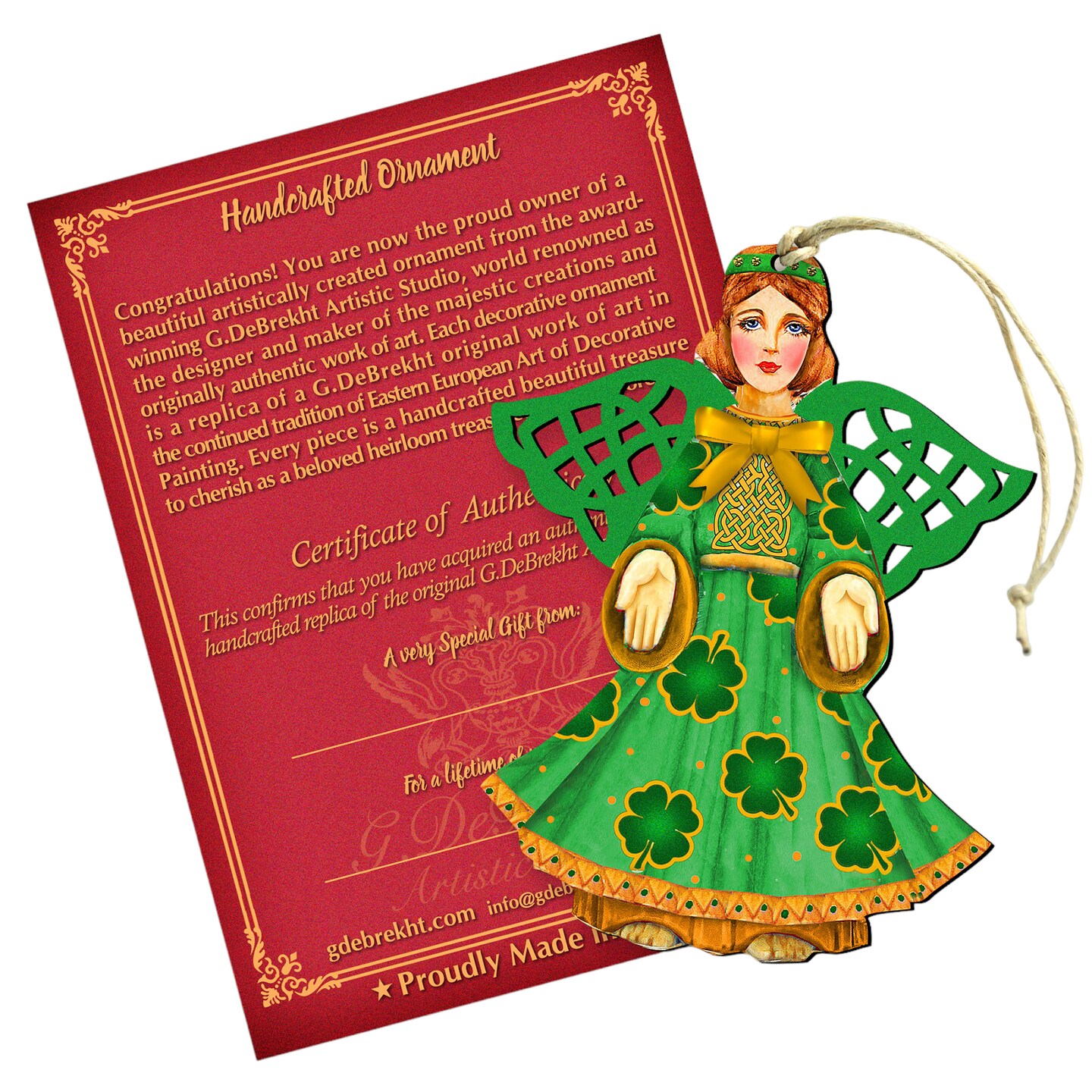 Designocracy Set of 2 Irish Angel Wooden Christmas Ornaments 5.5&#x22;