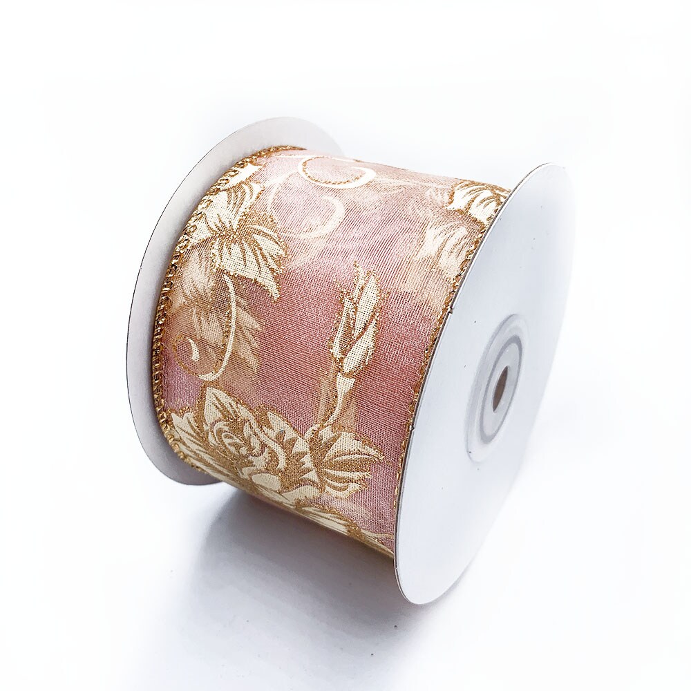 WR 63-5019 2.5&#x22; wired edge ribbon, Gold Ivory Rose Floral, Valentine&#x27;s ribbon