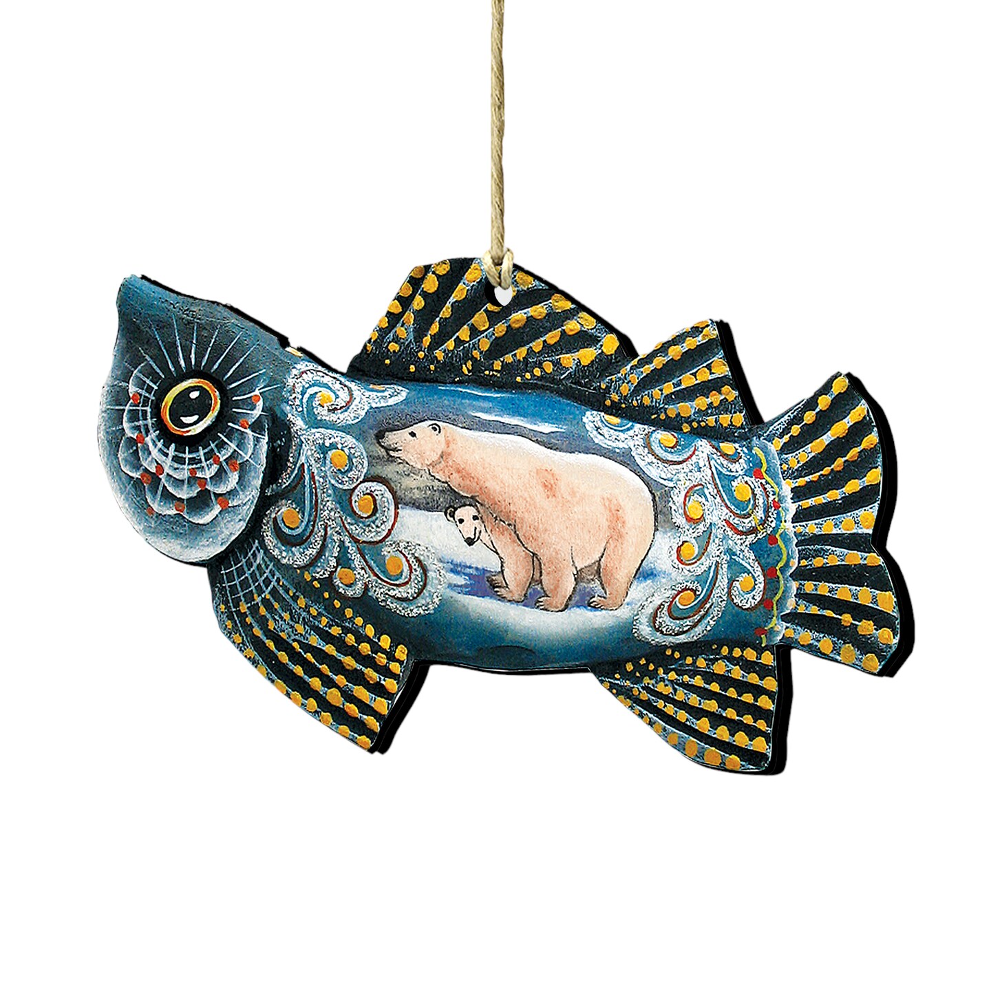Designocracy Set of 2 Frosty Fish with Polar Bears Wooden Christmas Ornaments 5.5&#x22;