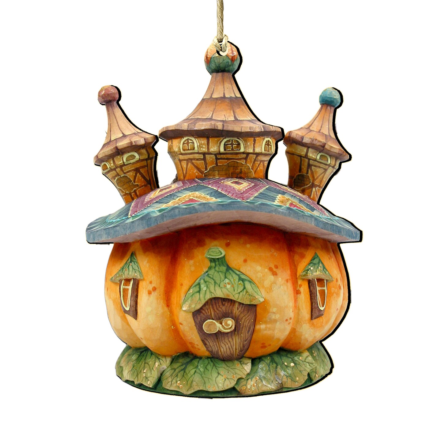 Designocracy Set of 2 Pumpkin Castle Wooden Halloween Ornaments 5.5&#x22;