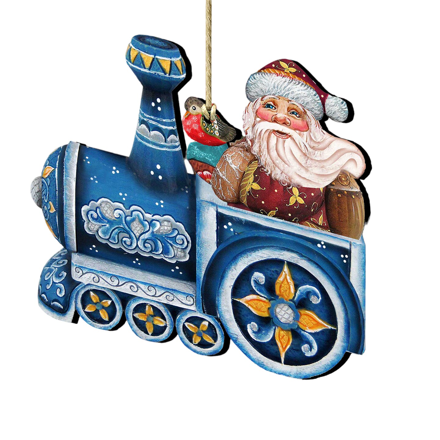 Designocracy Set of 2 Santa Claus Riding a Train Wooden Christmas Ornaments 5.5&#x22;