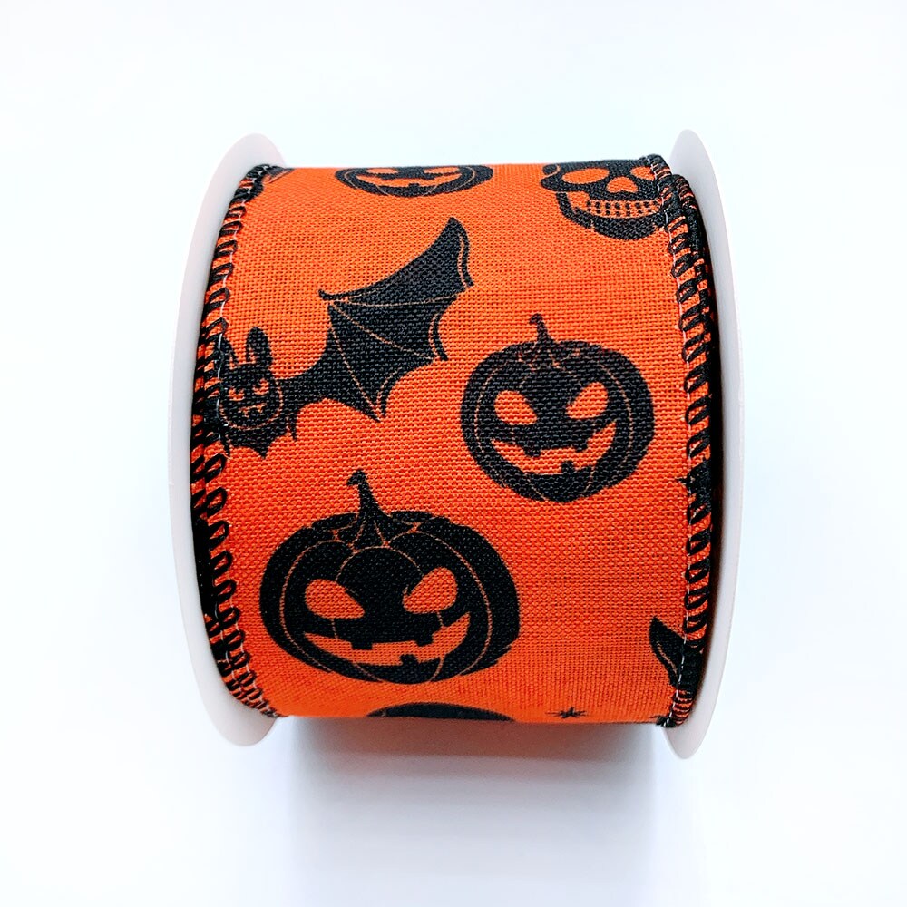 WR 63-5099 2.5&#x201D; x 10 yard Halloween Black Bat, Skull and Pumpkins wired edge ribbon