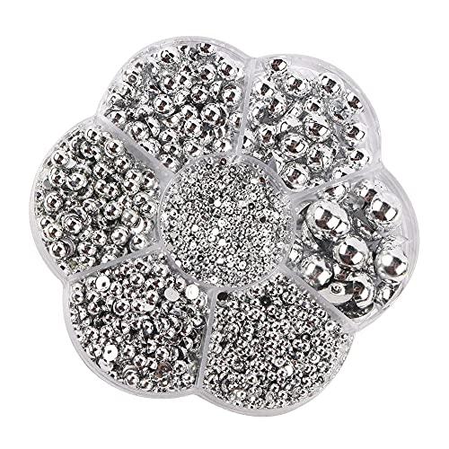 3000Pcs 1 Box Pearls Beads Round Flatback Imitation Half Loose Beads Gem Assorted Sizes 2/3/4/5/6/8/10MM for DIY Scrapbooking Crafts(Silver)