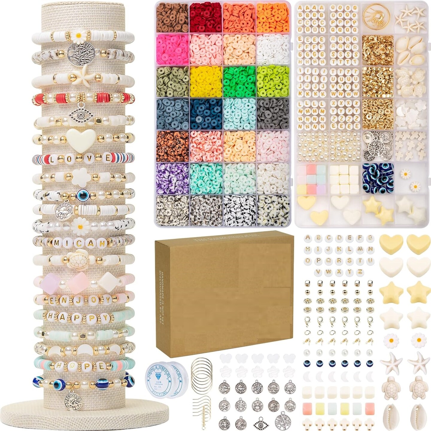 Bracelet Making Kit with Stand, 7800pcs Clay Bead Set for Adults, 2Boxes  Clay Beads Kit with Gold Round Letter, Number Pattern Beads, DIY Art and 