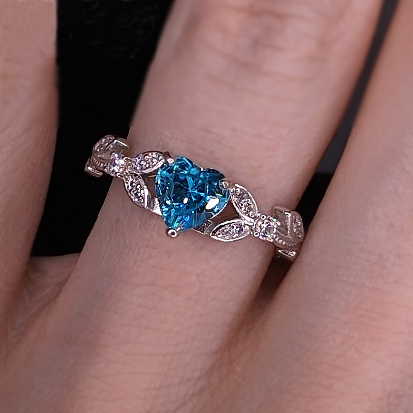 White Gold Blue Topaz Cubic Zirconia Heart Shaped Promise Ring, Engagement Ring, CZ Wedding Ring, December Birthstone product 3