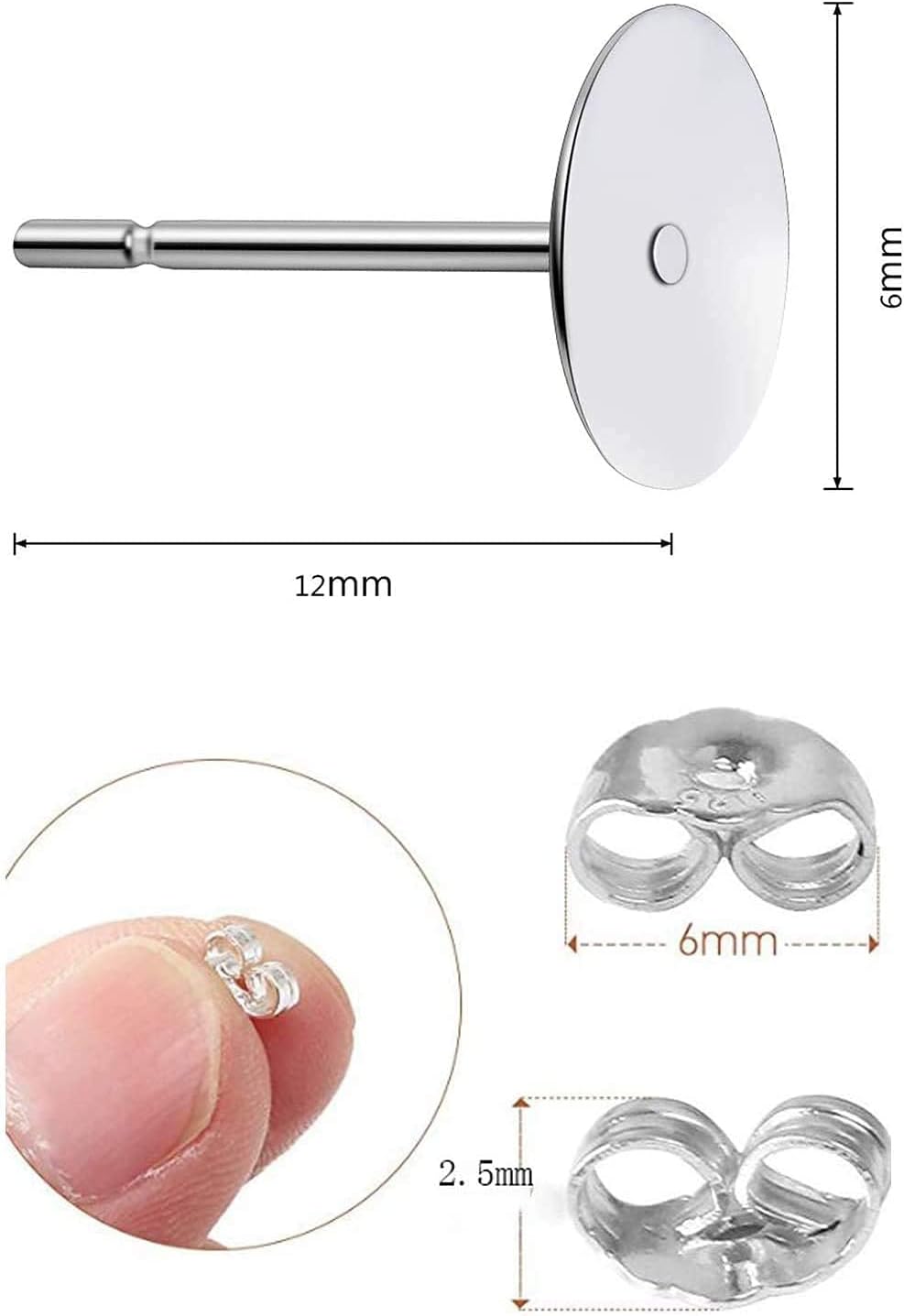 25Pair 925 Sterling Silver Earrings Posts Flat Pad Ear Stud Hypoallergenic Blank Earring Pins with 925 Sterling Silver Earring Backs for Jewelry Making Findings(6mm )