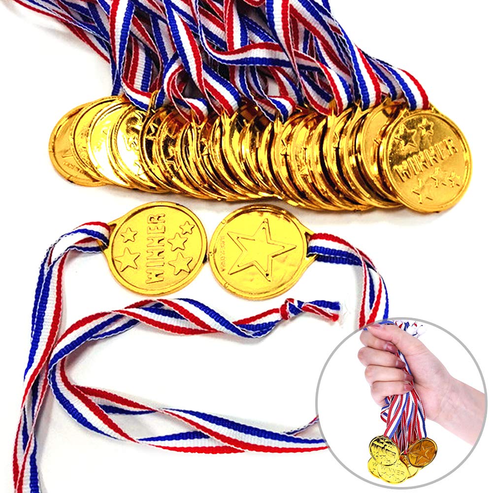 24 Pieces Kids Plastic Gold Winner Gold Award Medals with Neck Ribbon Party Favor Birthday Present Dress Up, Medals for Awards