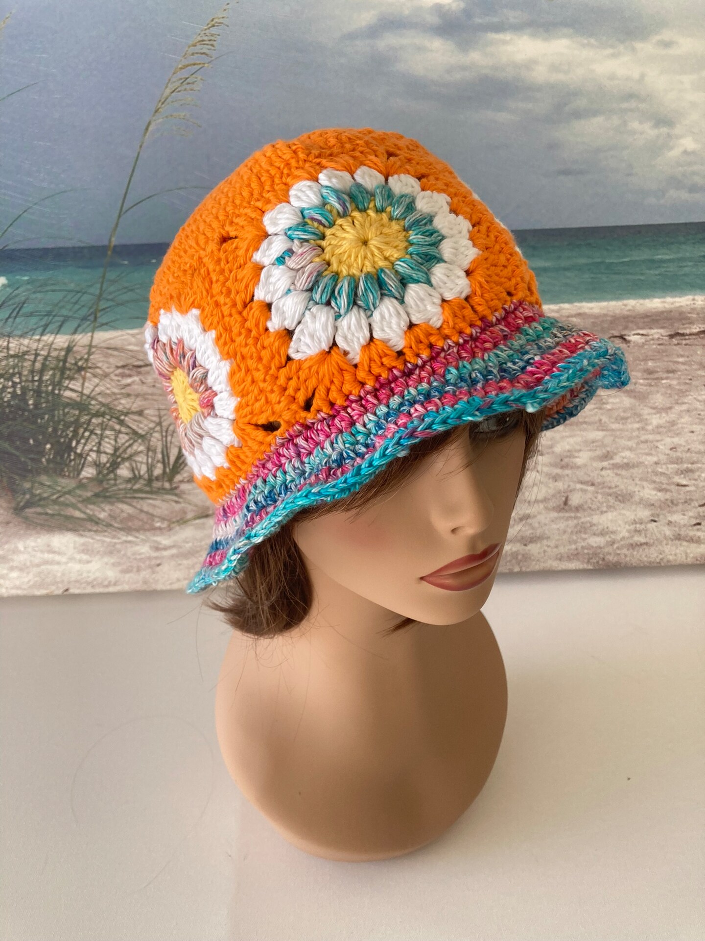 Sunflower Granny Square Crochet Bucket Made with Cotton  Available in Three Fits Adult Woman MakerPlace by Michaels