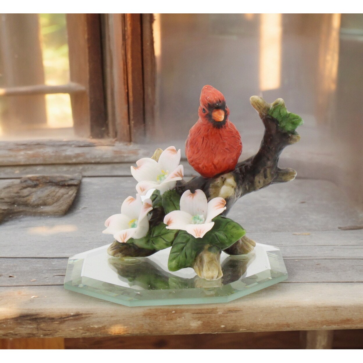 Ceramic Mini Cardinal Bird Figurine 2 Inch Glass Base