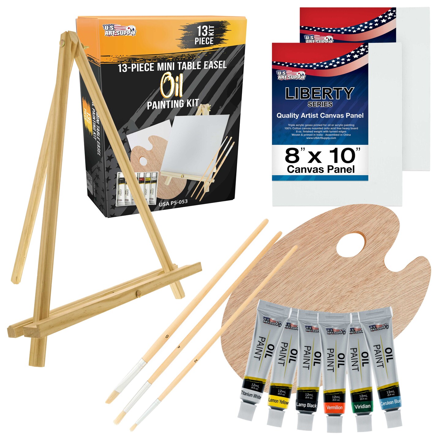 U.S. Art Supply 14-Piece Artist Painting Set with 6 Vivid Oil Paint Colors, 12&#x22; Easel, 2 Canvas Panels, 3 Brushes, Wood Painting Palette - Beginners