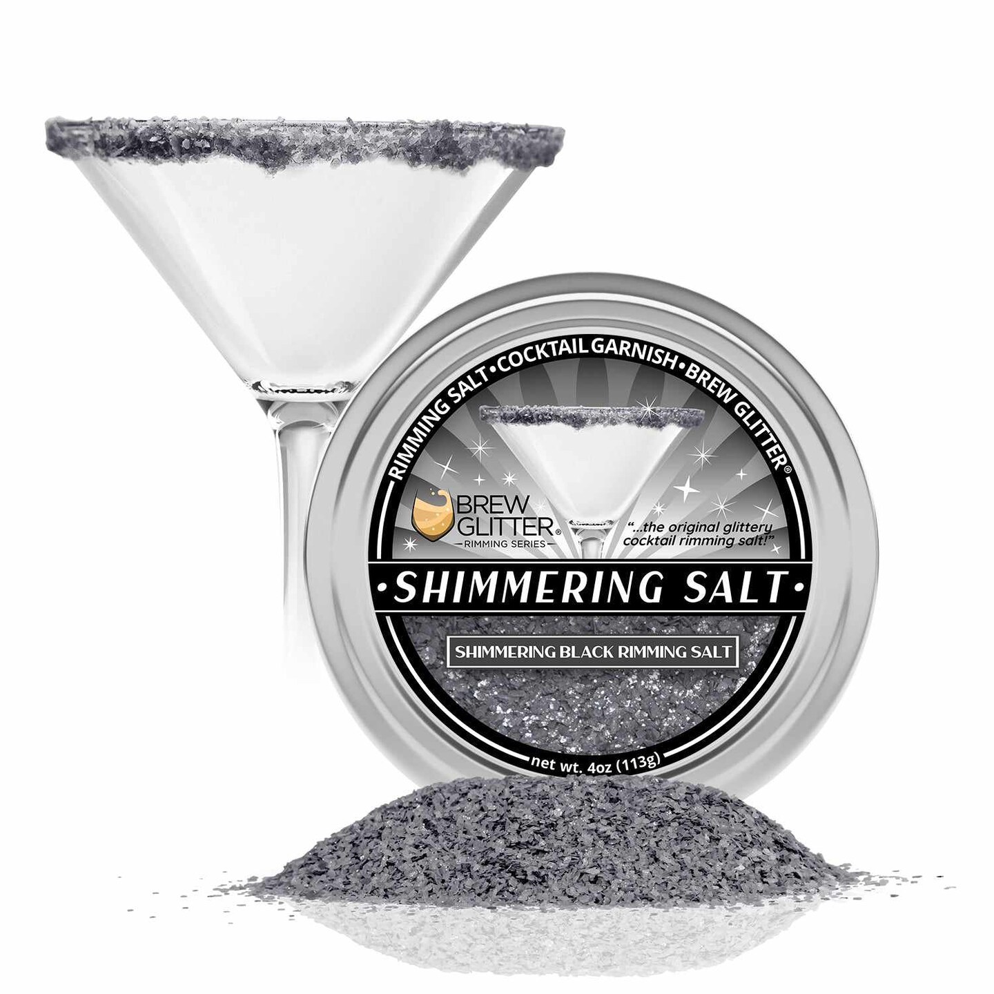 Brew Glitter - Shimmering Black Rimming Salt (4oz, 1x Bar Tin) Edible Glitter Blended Cocktail Garnish for Mixed Drinks and Beverages