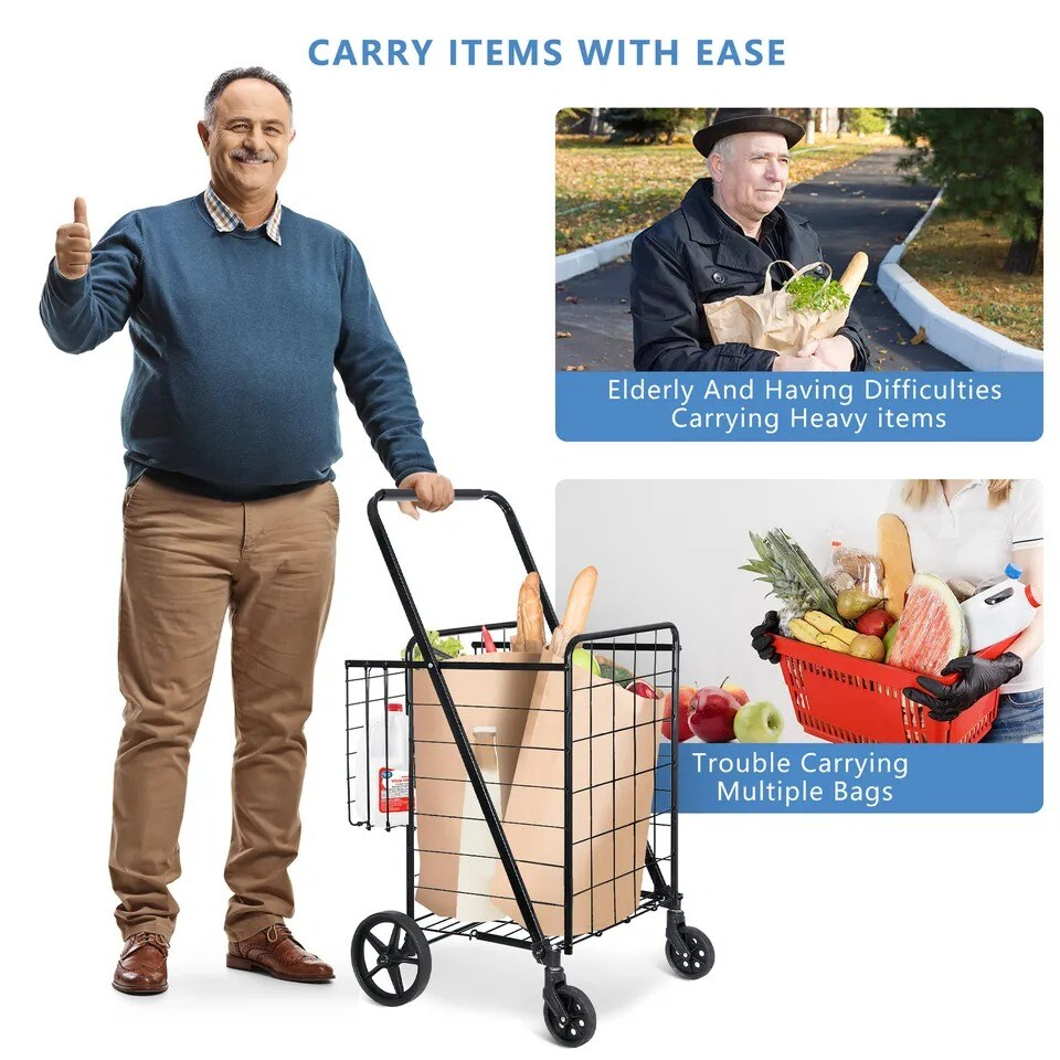 Folding Shopping Cart Utility Cart with Double Basket and Swivel Wheels