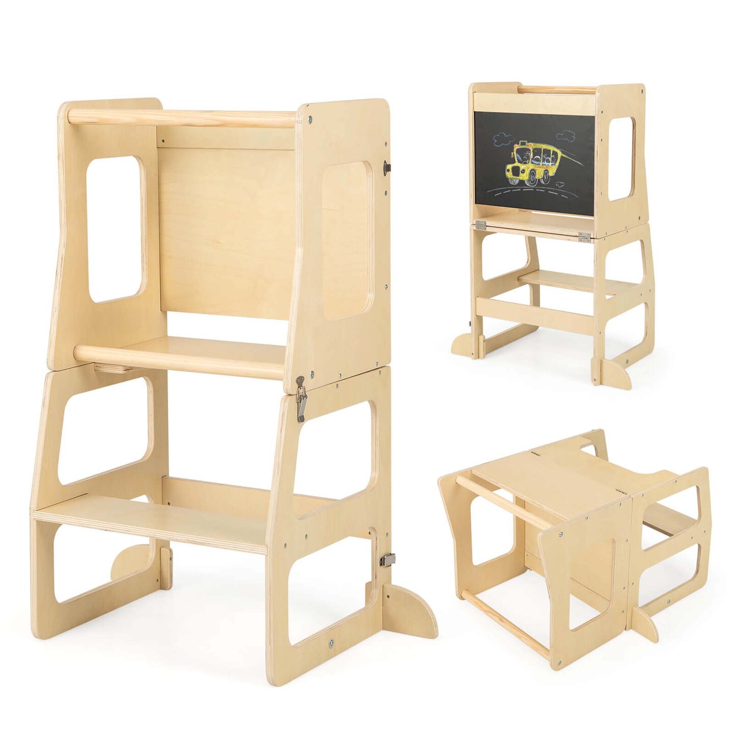 Costway 3-in-1 Foldable Kitchen Standing Tower for Toddlers with Chalkboard Weaning Table Natural