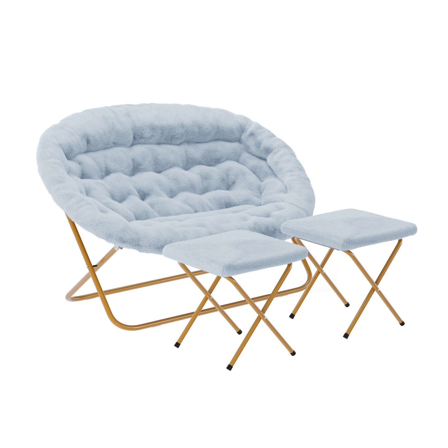 Emma and Oliver Janey Folding Double Saucer Chair with 2 Ottomans and Steel Frame for Dorm or Bedroom