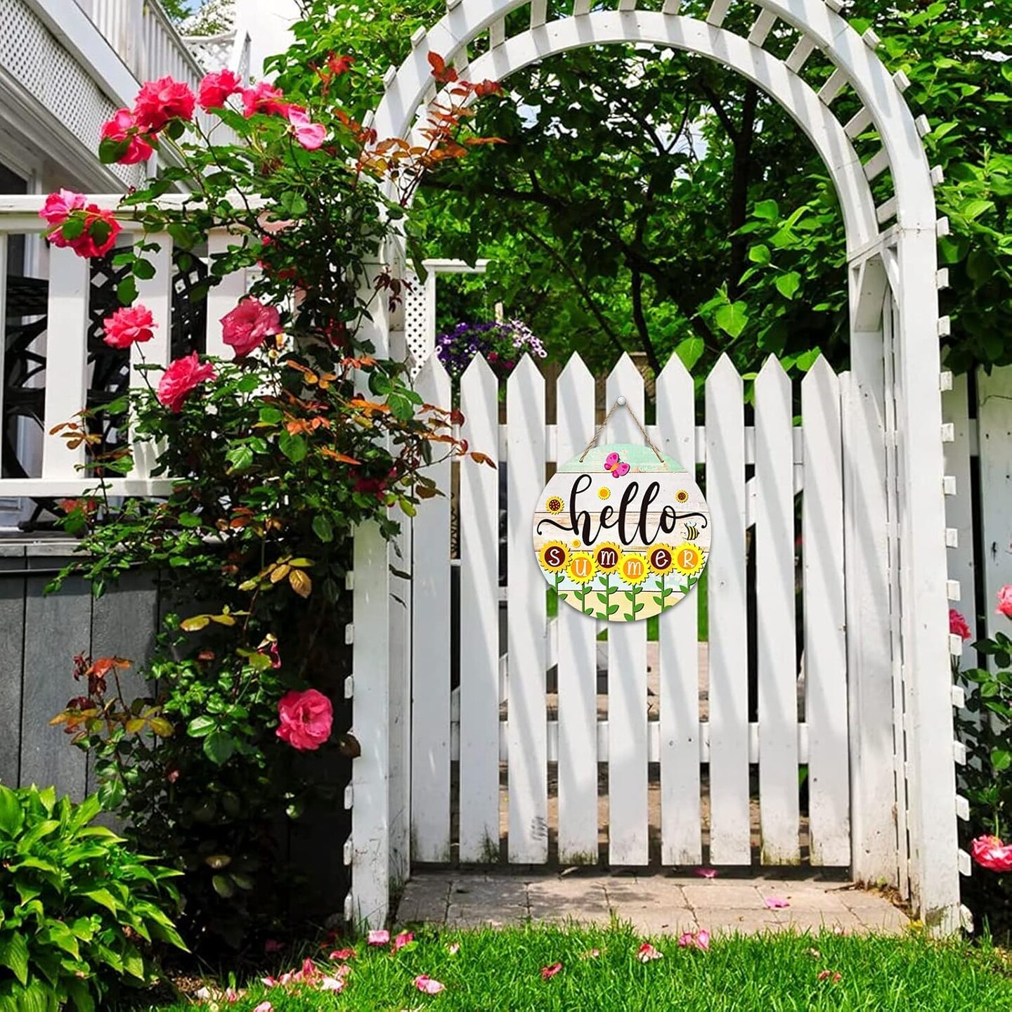 Hello Summer Door Sign: 11.8" Farmhouse Sunflower Summer Front Door Decor Sign Welcome Summer Hanging Sign for Home Wall Front Door Kitchen Office Decorations