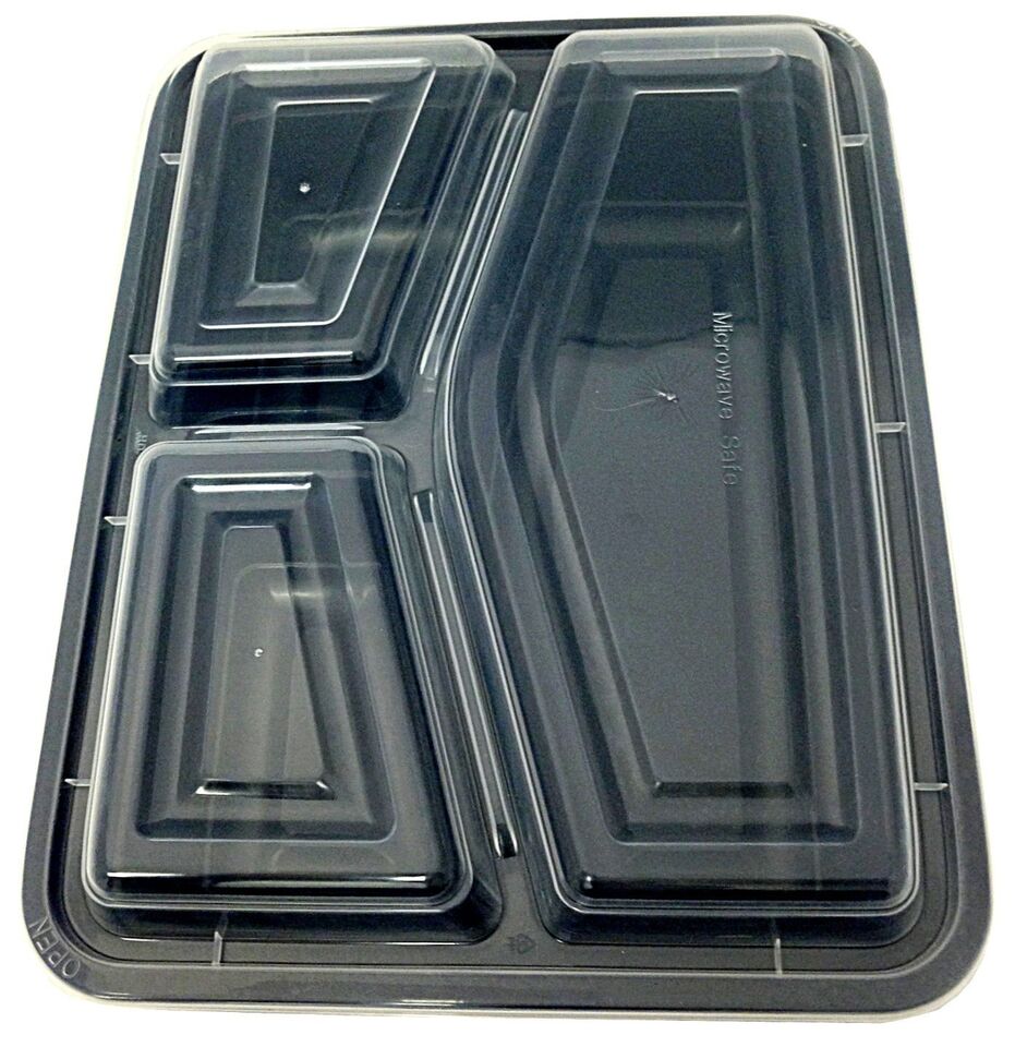 38 oz 3-Compartment Microwavable Black Plastic Meal Food Container